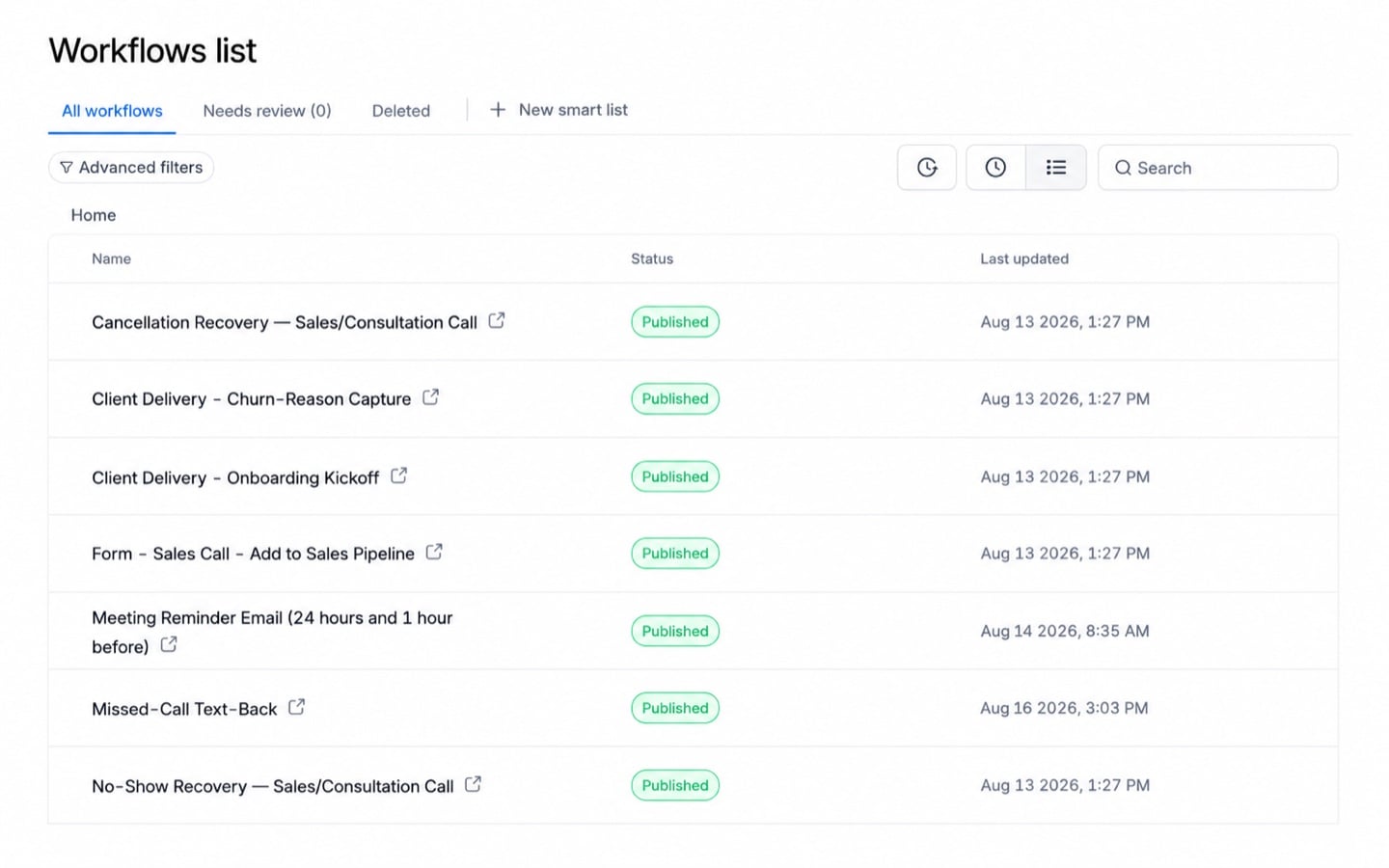 The Starward Edge workflows list showing fourteen published automations including no-show recovery, missed-call text-back, and client onboarding kickoff