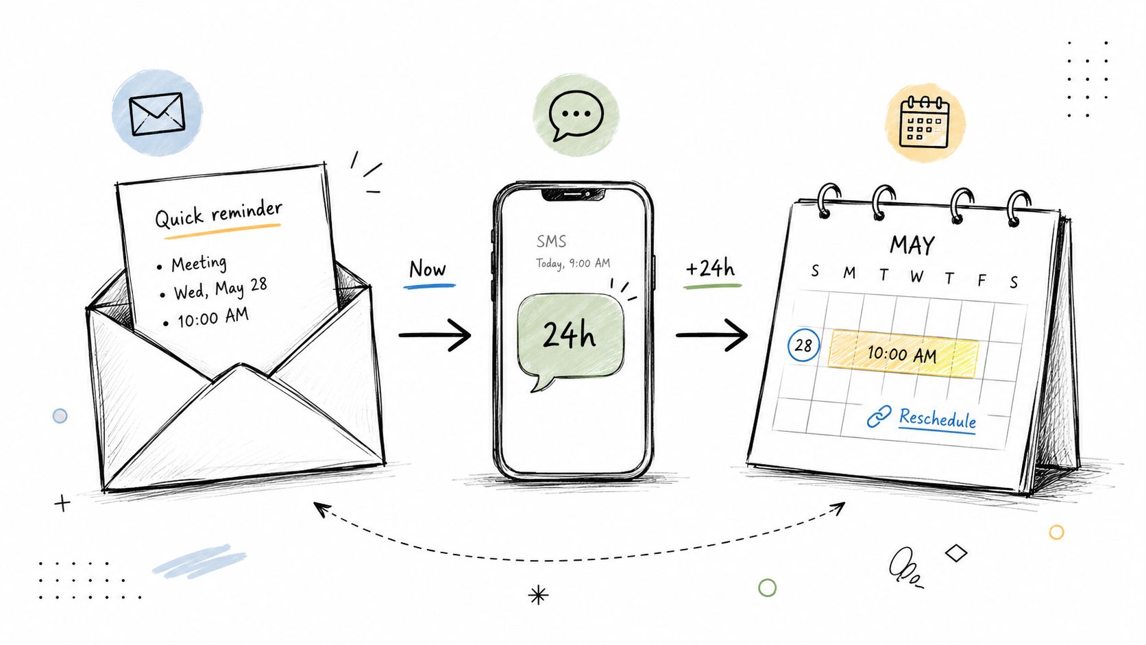 A hand-drawn illustration showing the flow of an appointment reminder from an email to a phone message and calendar.