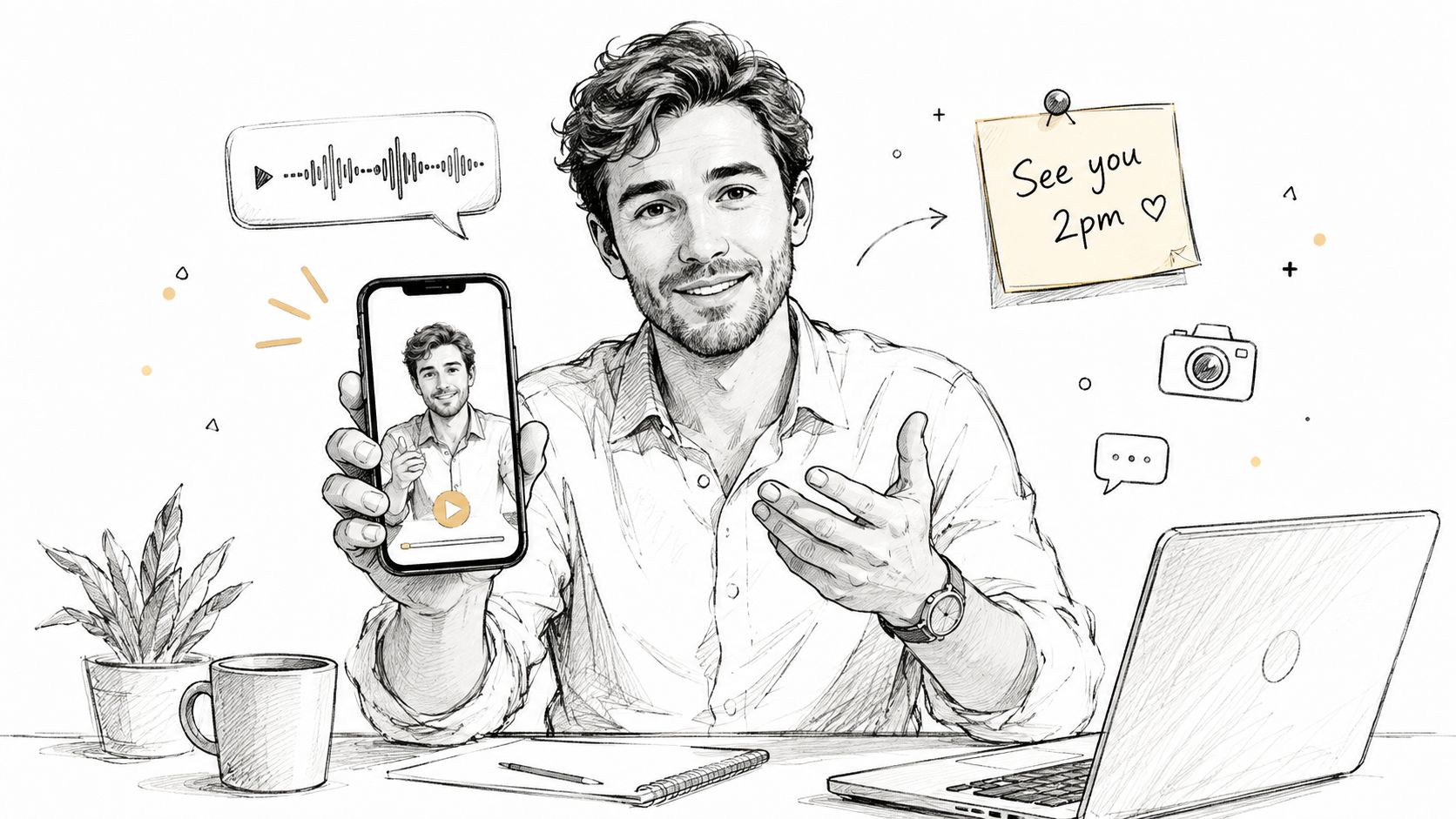 A man in a shirt holds a smartphone showing a video call while working at his desk.