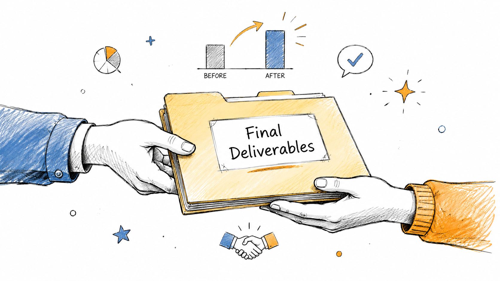 A hand-drawn illustration showing two hands exchanging a folder labeled Final Deliverables with business icons surrounding them.