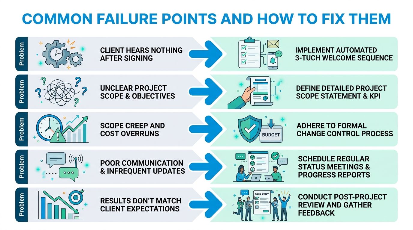 A visual infographic showcasing five common client project failure points alongside their corresponding strategic business solutions.