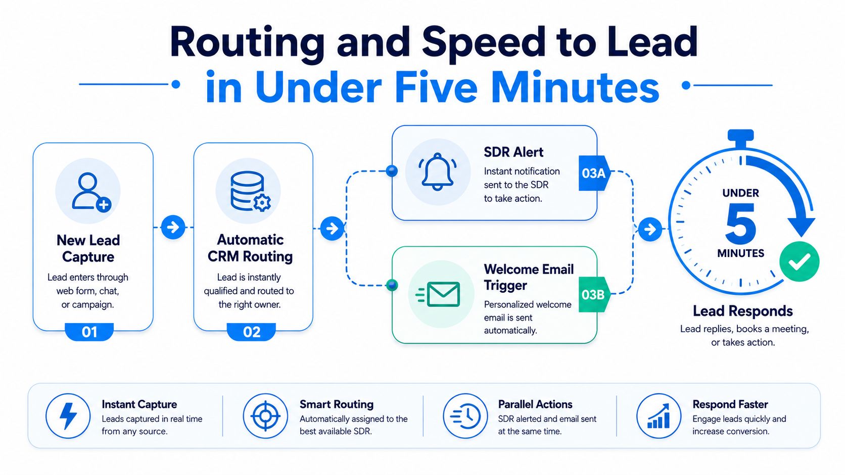 A diagram illustrating the workflow of lead capture, automatic routing, SDR alerts, and rapid email response.