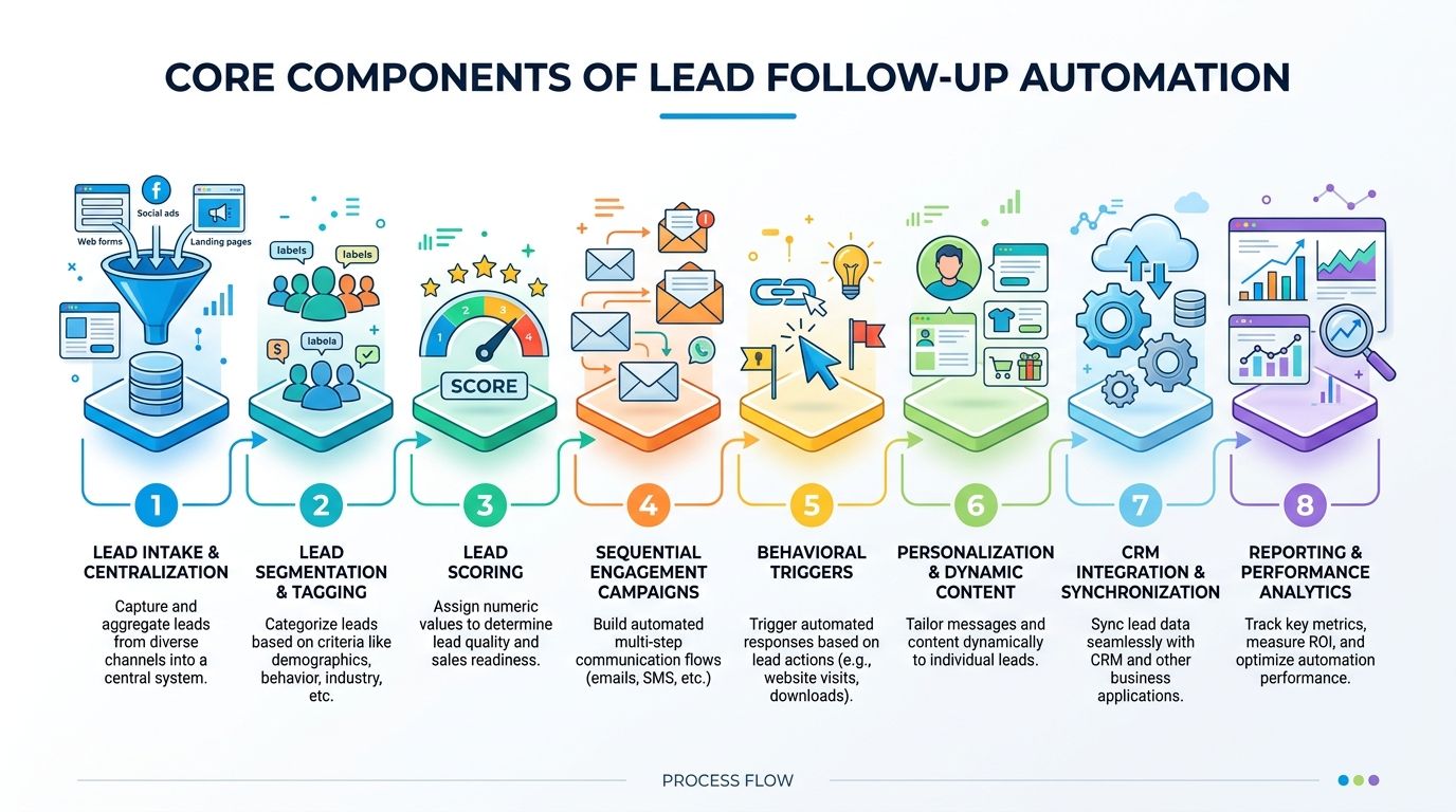 An infographic showing the eight core components of lead follow-up automation in a sequential workflow process.