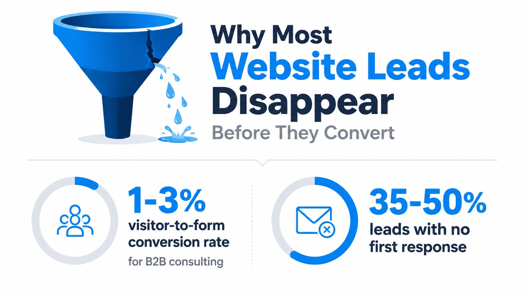 A graphic illustration explaining why most website leads fail to convert using funnel and statistic icons.