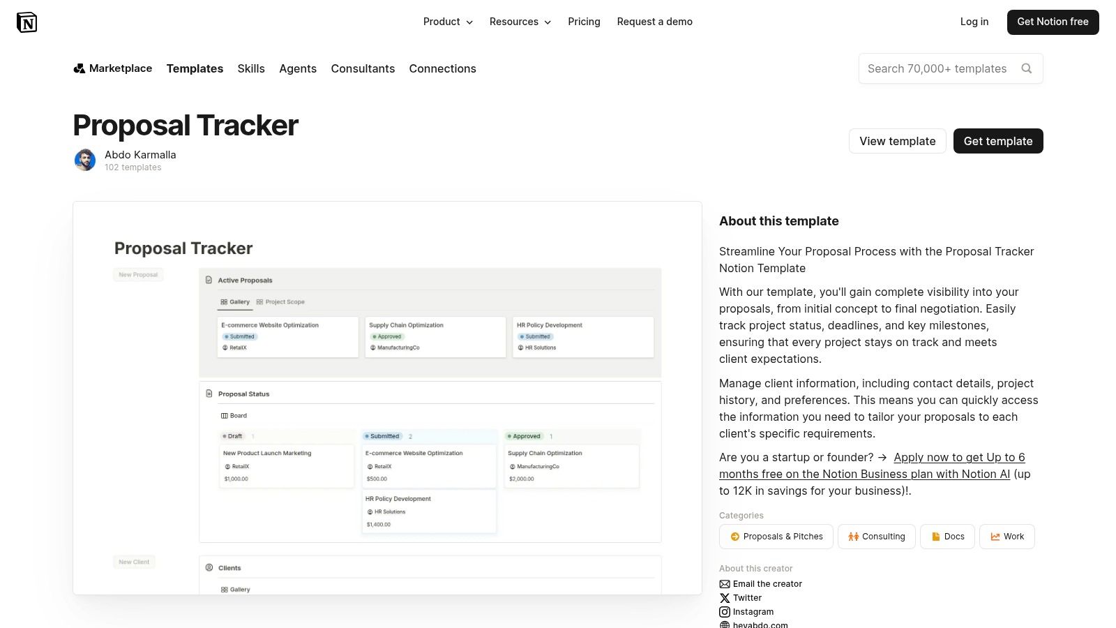 Notion proposal tracker dashboard
