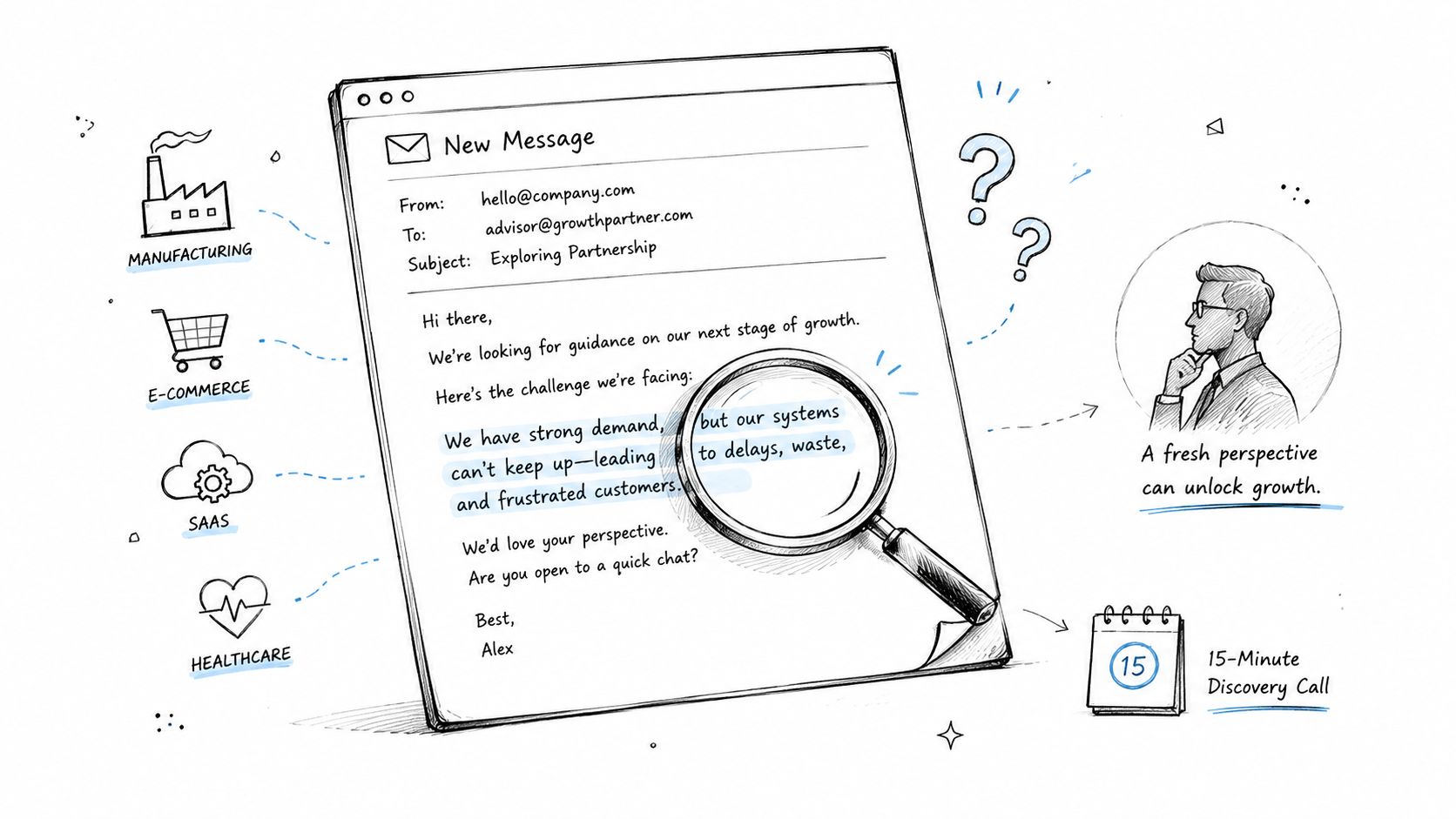 An email draft on a tablet being examined by a magnifying glass, surrounded by industry icons.