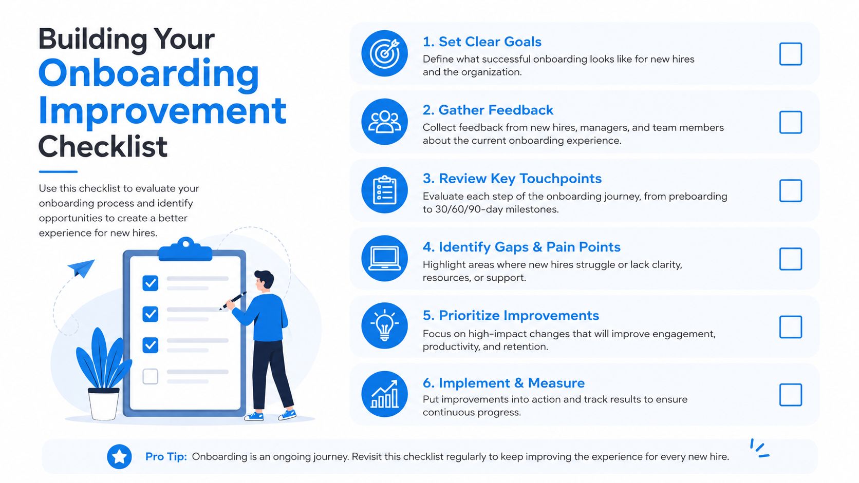 An infographic titled Building Your Onboarding Improvement Checklist with six actionable steps for enhancing new hire processes.