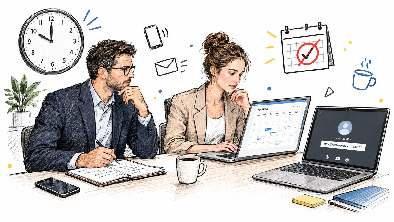 A professional man and woman working together on laptops at a desk with appointment planning elements.