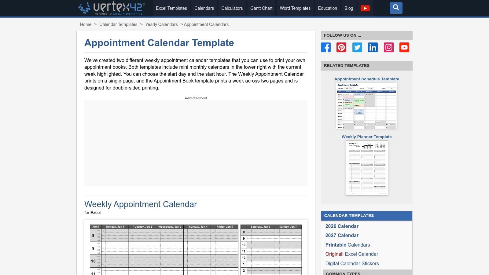 Vertex42 Weekly Appointment Calendar and Appointment Book for Excel