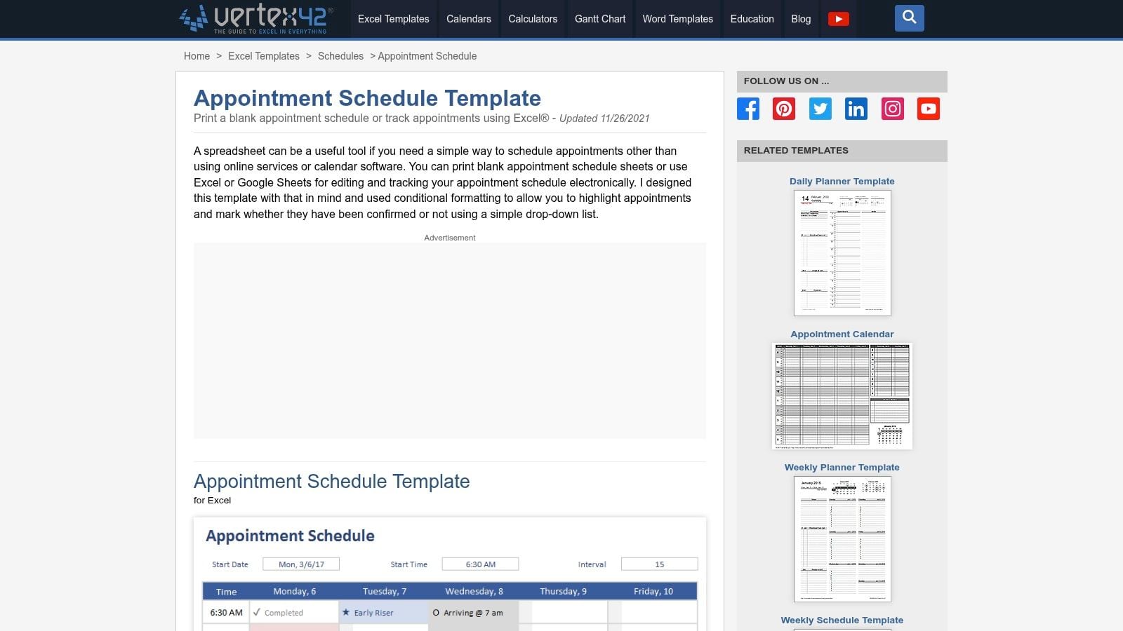 Vertex42 Appointment Schedule Template for Excel