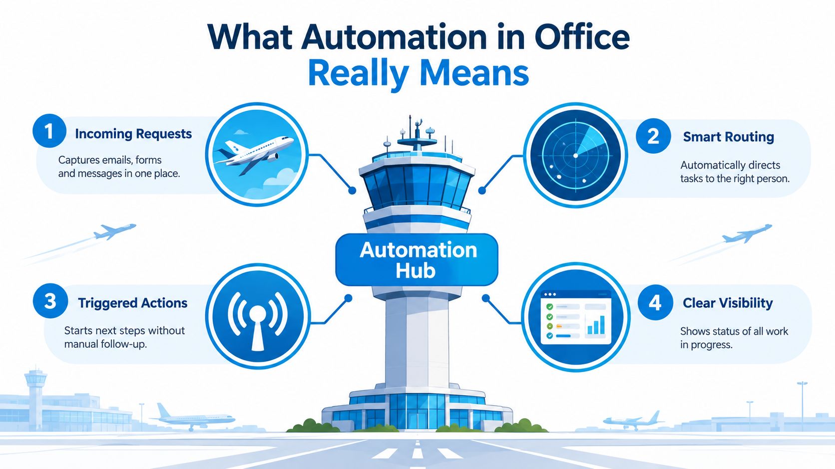 A diagram illustrating office automation using an airport control tower as an analogy for centralized workflows.