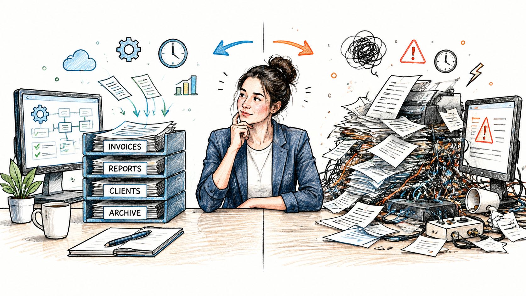 A professional woman deciding between organized office automation and chaotic manual paperwork, comparing two different work styles.