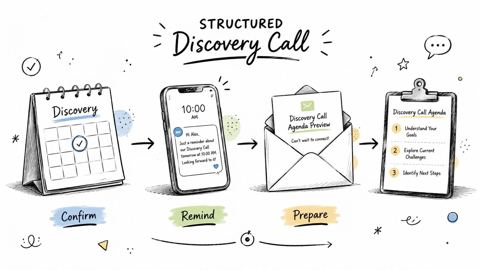 A hand-drawn illustration depicting the four steps of a structured discovery call process for clients.