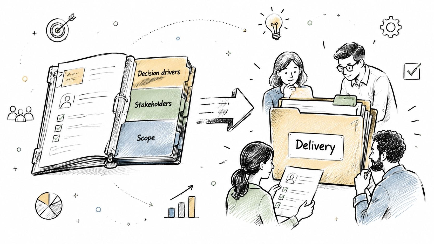 A professional illustration showing the transition from organized project documentation to active team delivery and collaboration.
