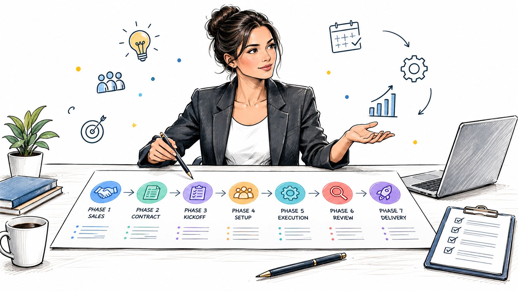 A professional woman explaining a seven-phase client onboarding business process diagram on a desk with a laptop.