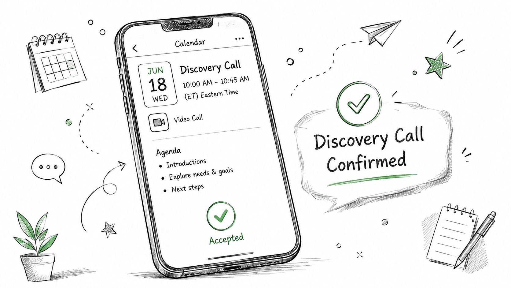 A sketched illustration of a smartphone displaying a confirmed discovery call appointment with agenda items and status.