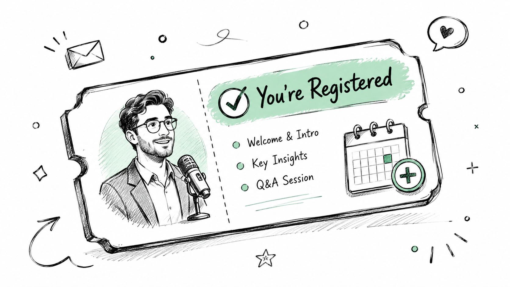 A digital registration ticket illustration featuring a man speaking into a microphone and a calendar icon.