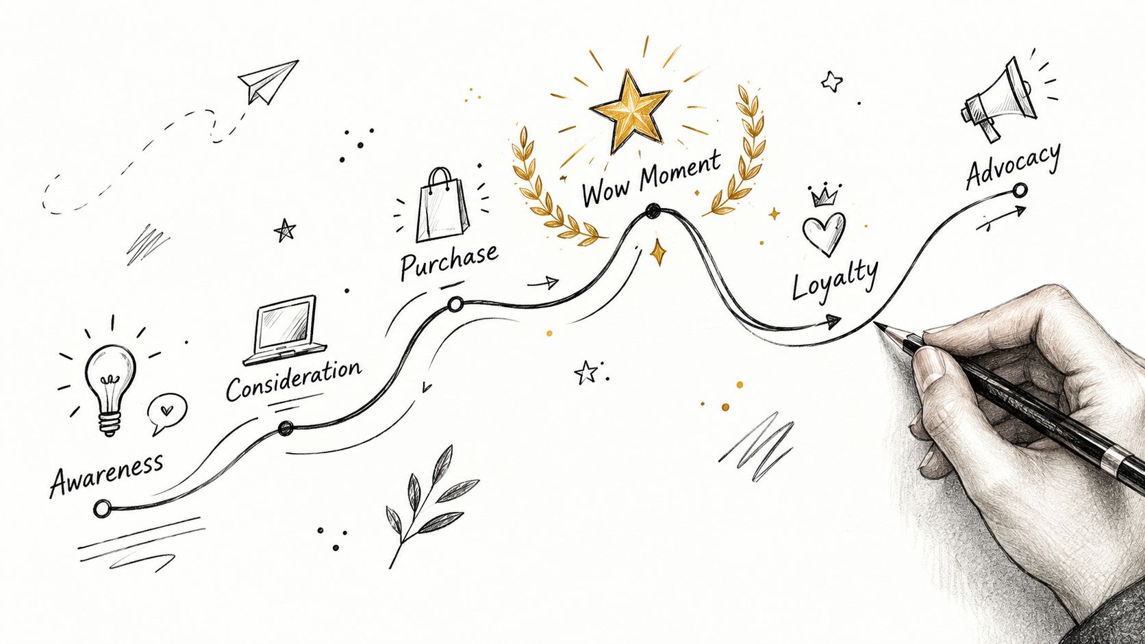 A hand-drawn illustration depicting the customer journey process from initial awareness to final customer advocacy.