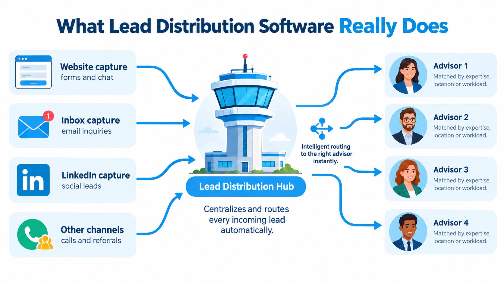 A diagram illustrating how lead distribution software centralizes incoming leads from multiple channels to appropriate advisors.