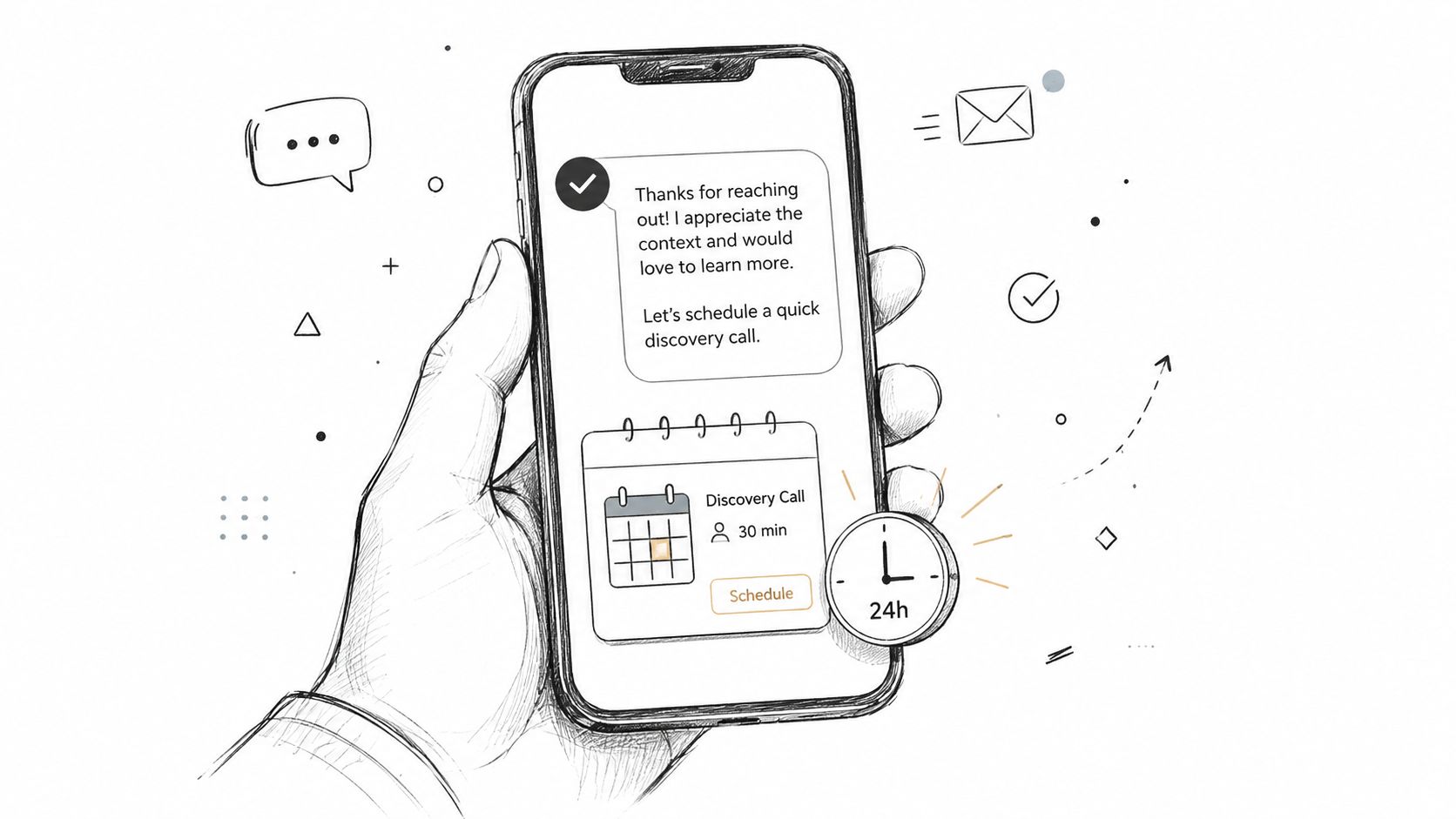 A hand holding a smartphone displaying a business message to schedule a discovery call for potential leads.