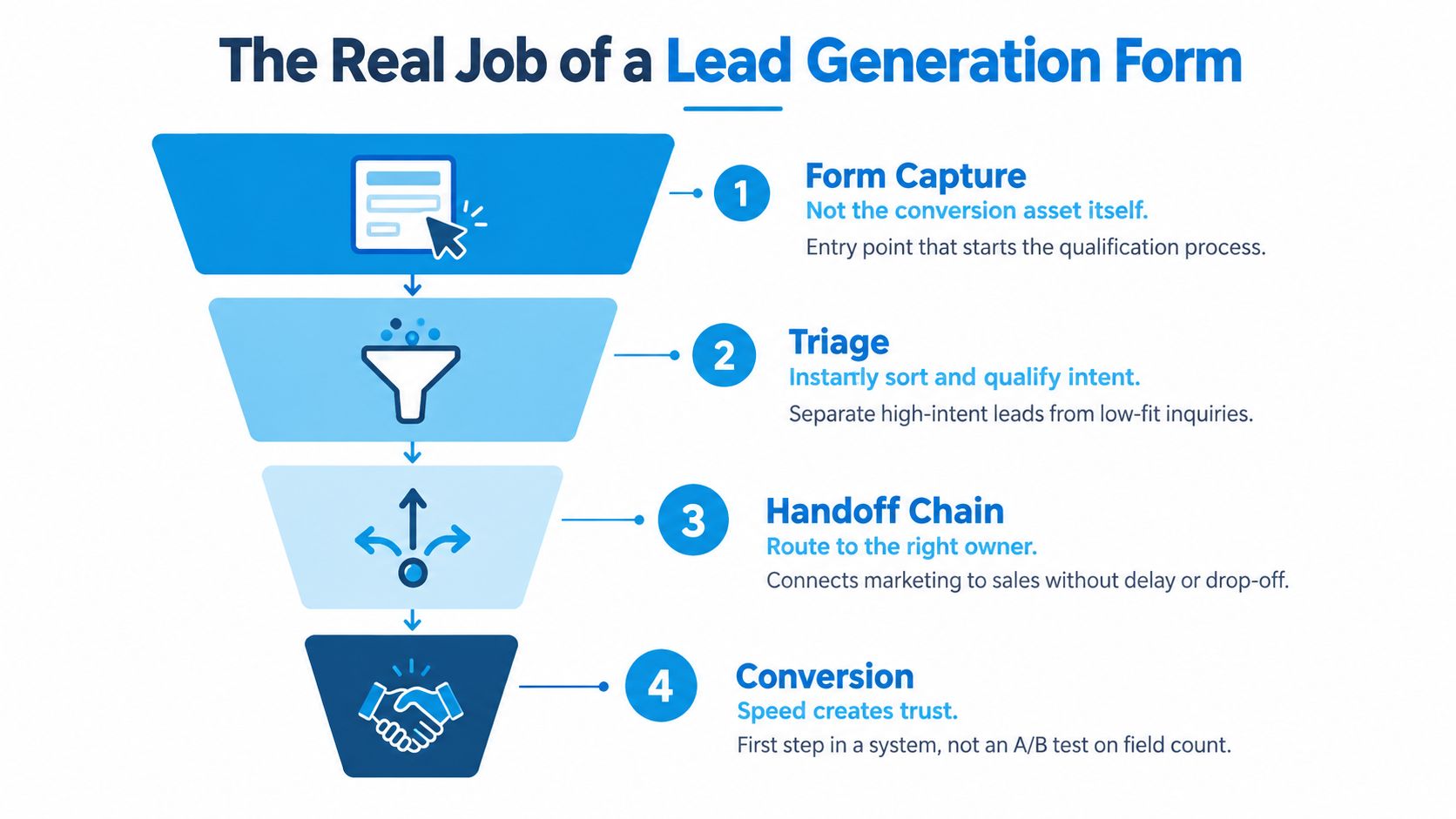 A funnel infographic explaining the four stages of a lead generation form process: capture, triage, handoff, and conversion.
