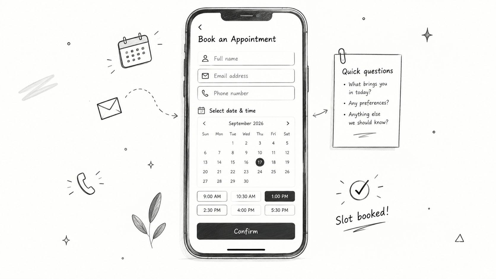 A hand-drawn sketch of a mobile app screen displaying a booking appointment form for scheduling services.
