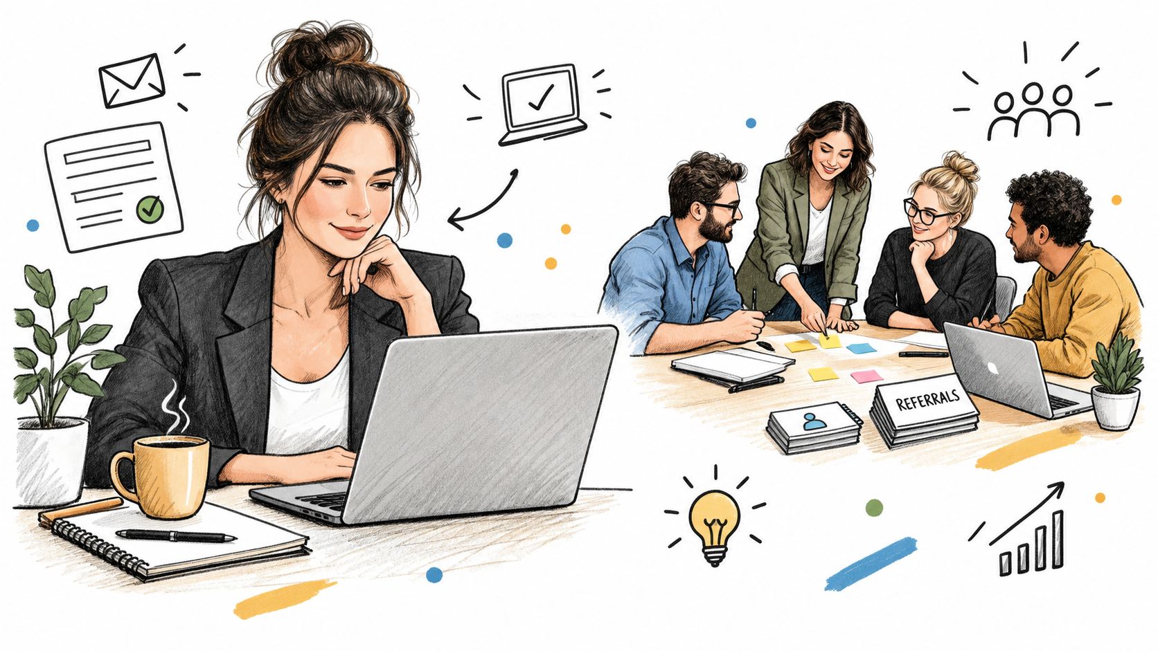 A professional woman working on a laptop with a collaborative business team discussing referrals and strategy.