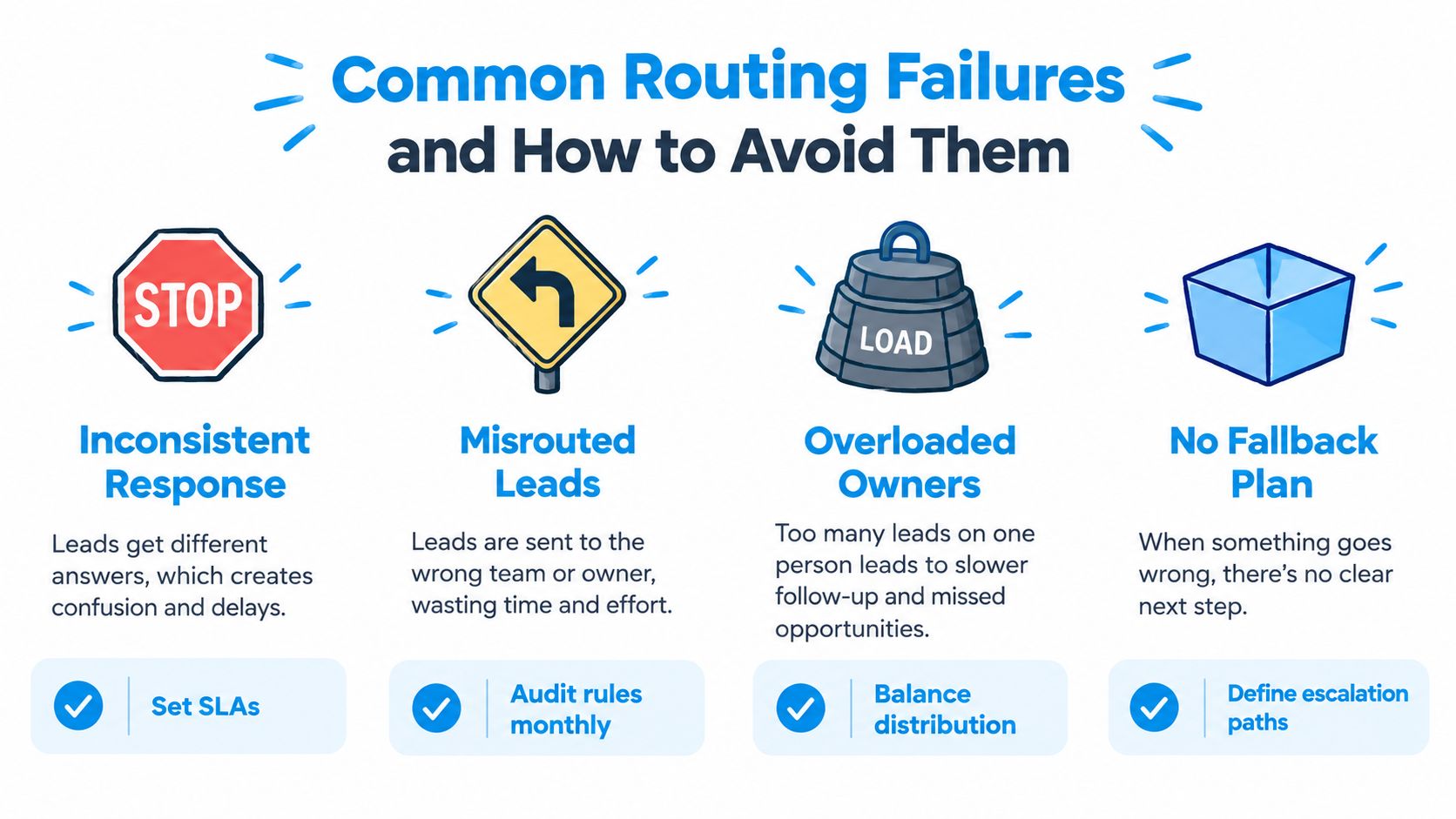 An infographic showing four common lead routing failures and actionable solutions to improve your lead management process.