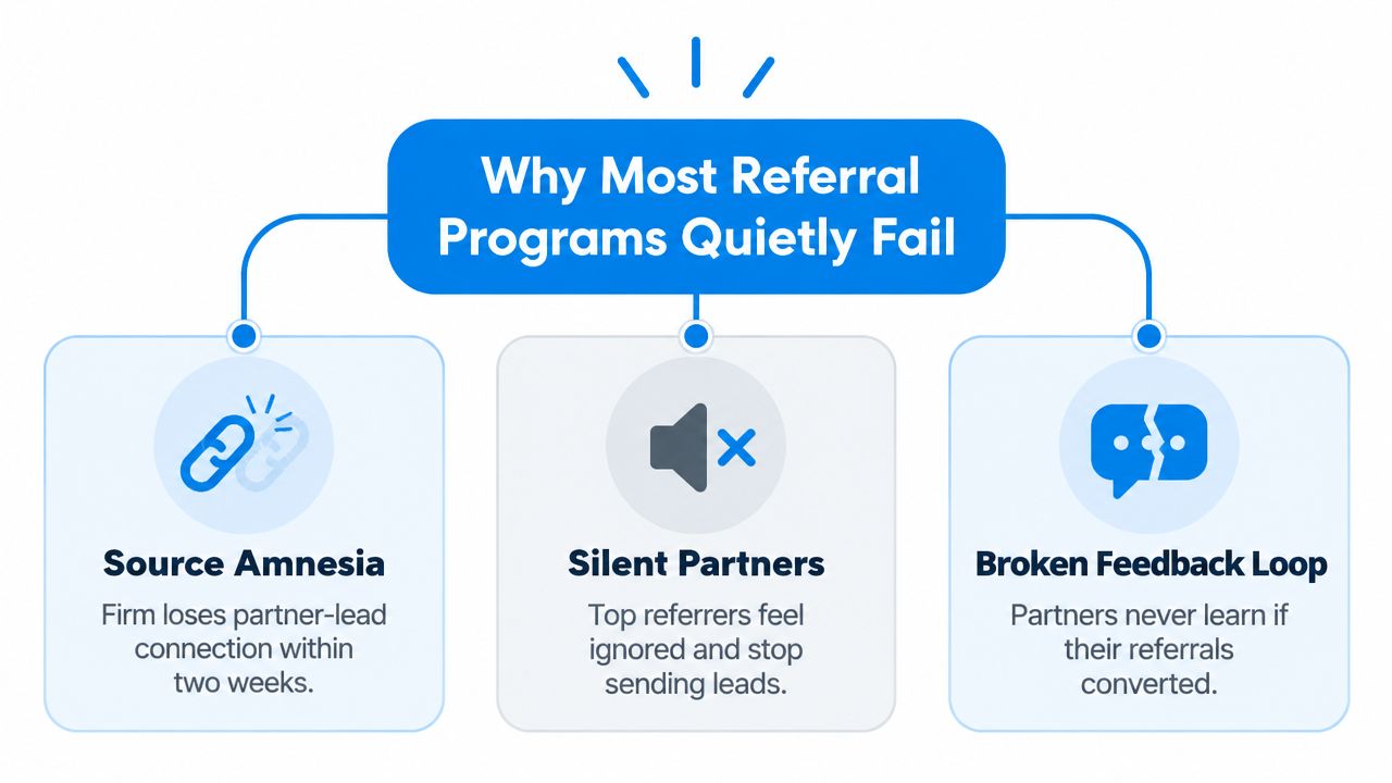 A diagram explaining three common reasons why most corporate referral programs fail, including source amnesia, silent partners, and feedback loops.